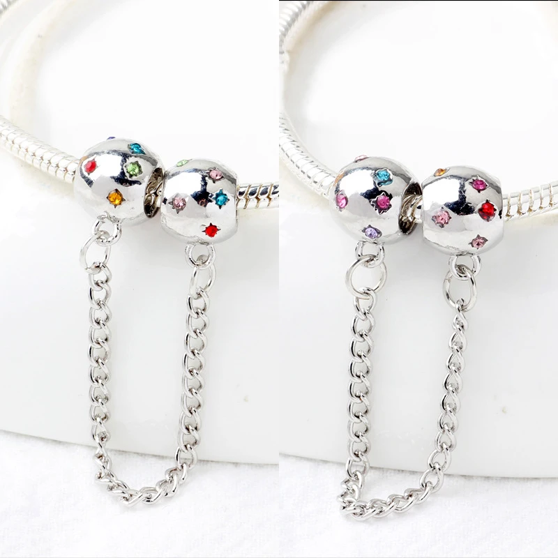 New Original Plated Bead Wonderland Park Safety Chain Enamel Charm Crystal Fit  Bracelet Bangle DIY Women Jewelry