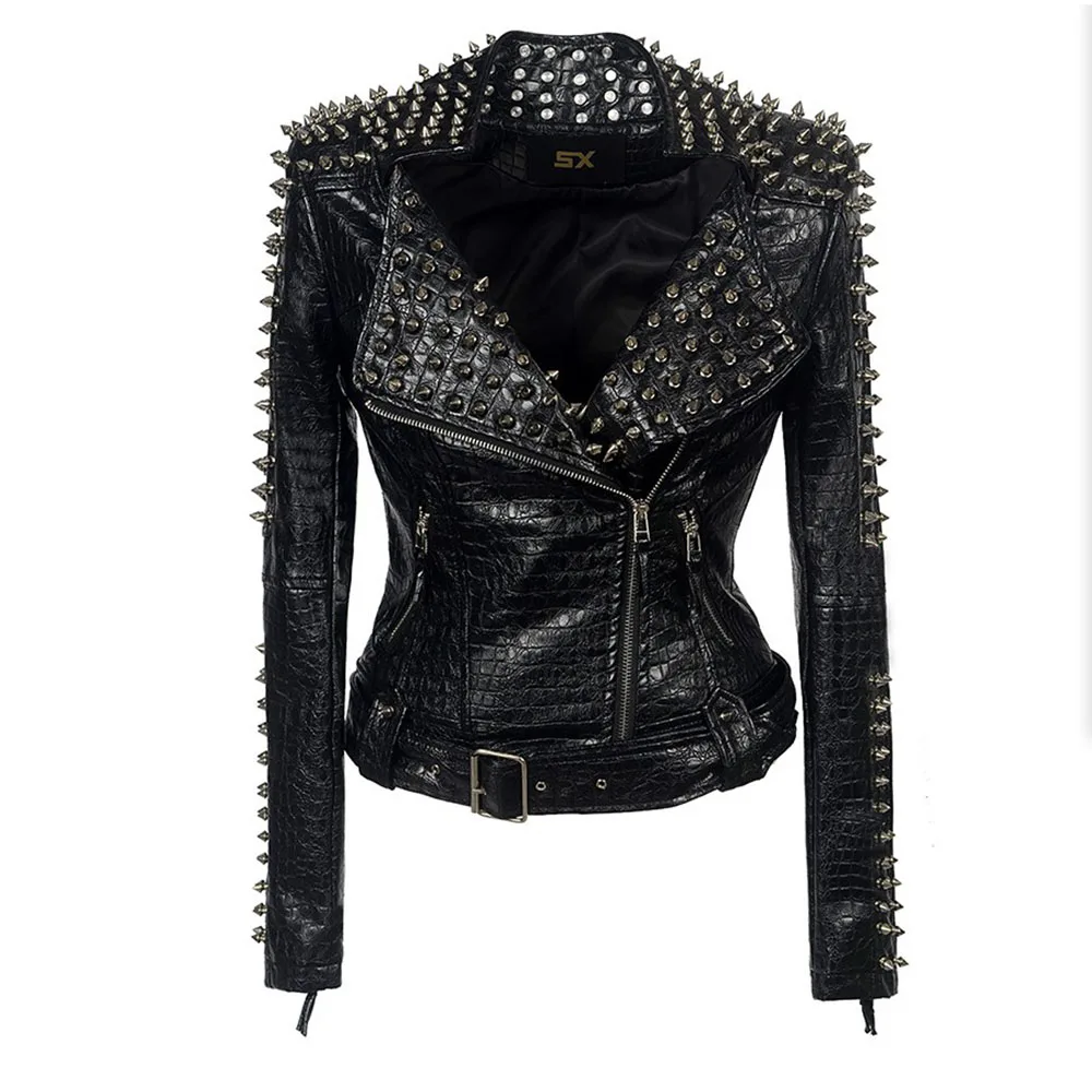 New Fashion casual women\'s long-sleeved Punk Rivet Coat Slim Fit Zipper PU Leather Studs Jacket Baseball Lapel Style Outerwear