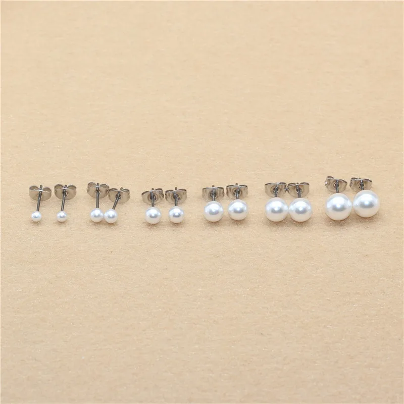 Brief Style Titanium Steel With ABS imitation Pearl Pearls Stud Earrings 3mm to 8mm No Fade Allergy Free