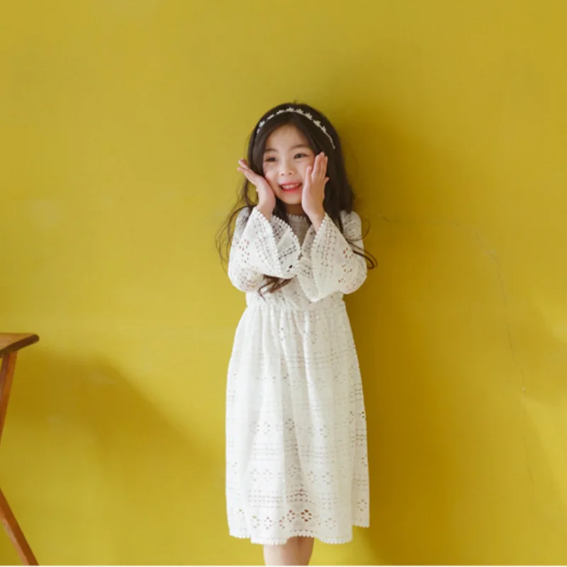 Girl Princess Vintage Dress Lace Floral Hollow Out Cotton Toddler Teen Cotton Vestido Flare Sleeve Wedding Child Clothes 2-14Y