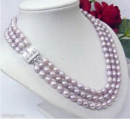 

3 Rows Genuine 6-7MM Freshwater Purple Pearl Rice Beads White Gold Plated Crystal Clasp Necklace