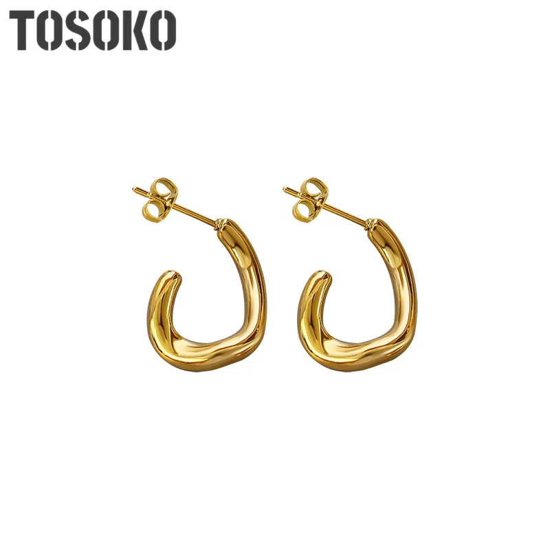 TOSOKO Stainless Steel Jewelry C-Shaped Earrings With Irregular Folds Women's Fashion Earrings BSF430