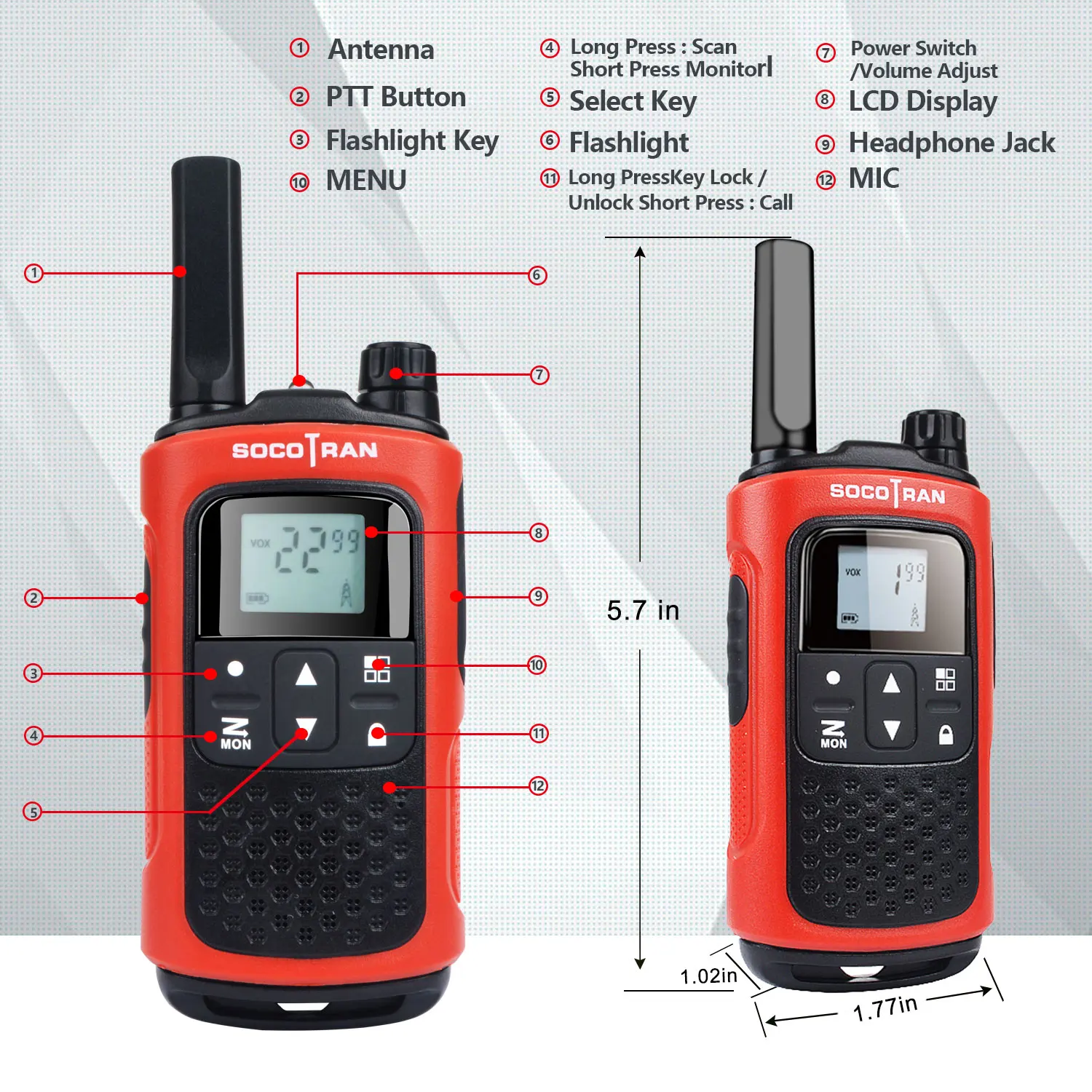 Walkie Talkies for Adults Rechargeable Two-Way Radio SOCOTRAN VOX LED Flashlight 5 Miles Long Range for Camping Hiking Skiing