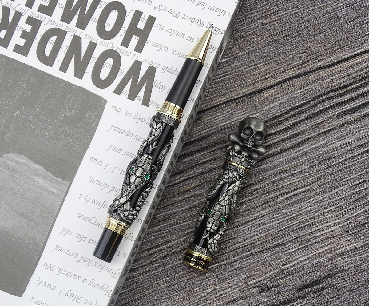 Jinhao Metal Vintage Rollerball Pen Skull Skeleton Unique Pen Cap Fine Point 0.5mm Heavy Collection Ancient Gray Office Gift Pen