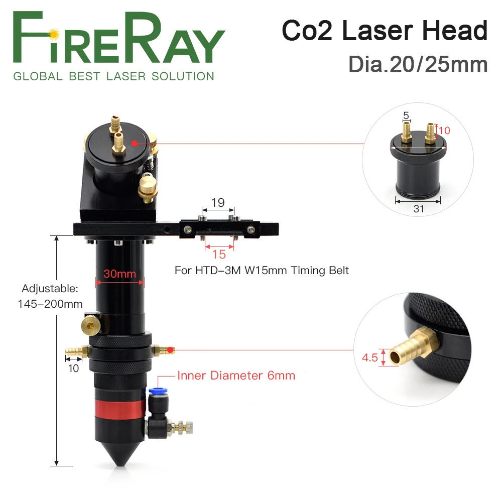 FireRay CO2 Laser Head Set with Water Cooling Interface Mirror 30x3mm Focus Lens 25x63.5mm for Water Cooling Laser Machine