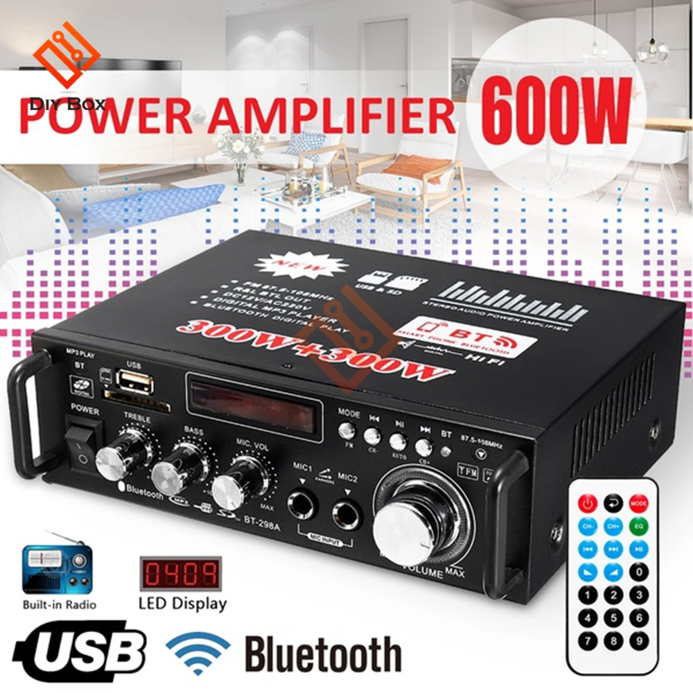 600W Bluetooth Verstärker für lautsprecher 300W + 300W 2CH HIFI Audio Stereo Power AMP USB FM Radio auto Heimkino Fernbedienung