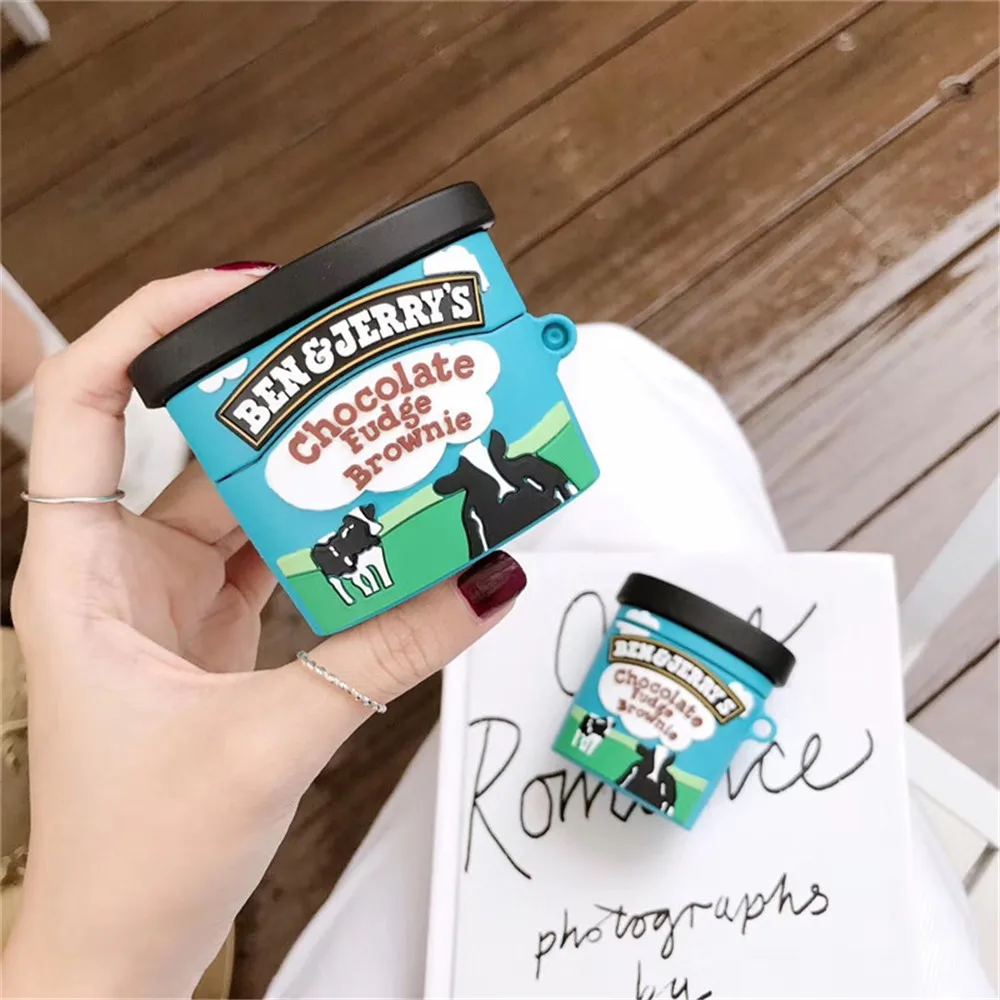 For AirPods 1 2 3 Pro Case Chocolate Ice Cream Brand Ben Jerry Charging Box Cover Earphone Protective Shell With Keychain Hook