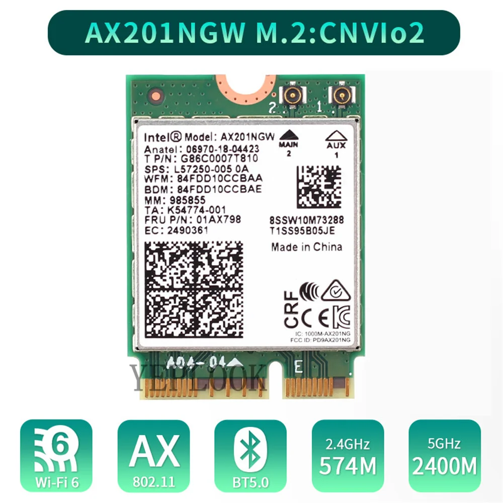 WiFi 6 Wifi Card AX201 AX201NGW 3000Mbps Dual Band 2.4Ghz/5Ghz 2.4Gbps 2400Mbps+574Mbps M.2 Key E CNVio 2 Wireless Card