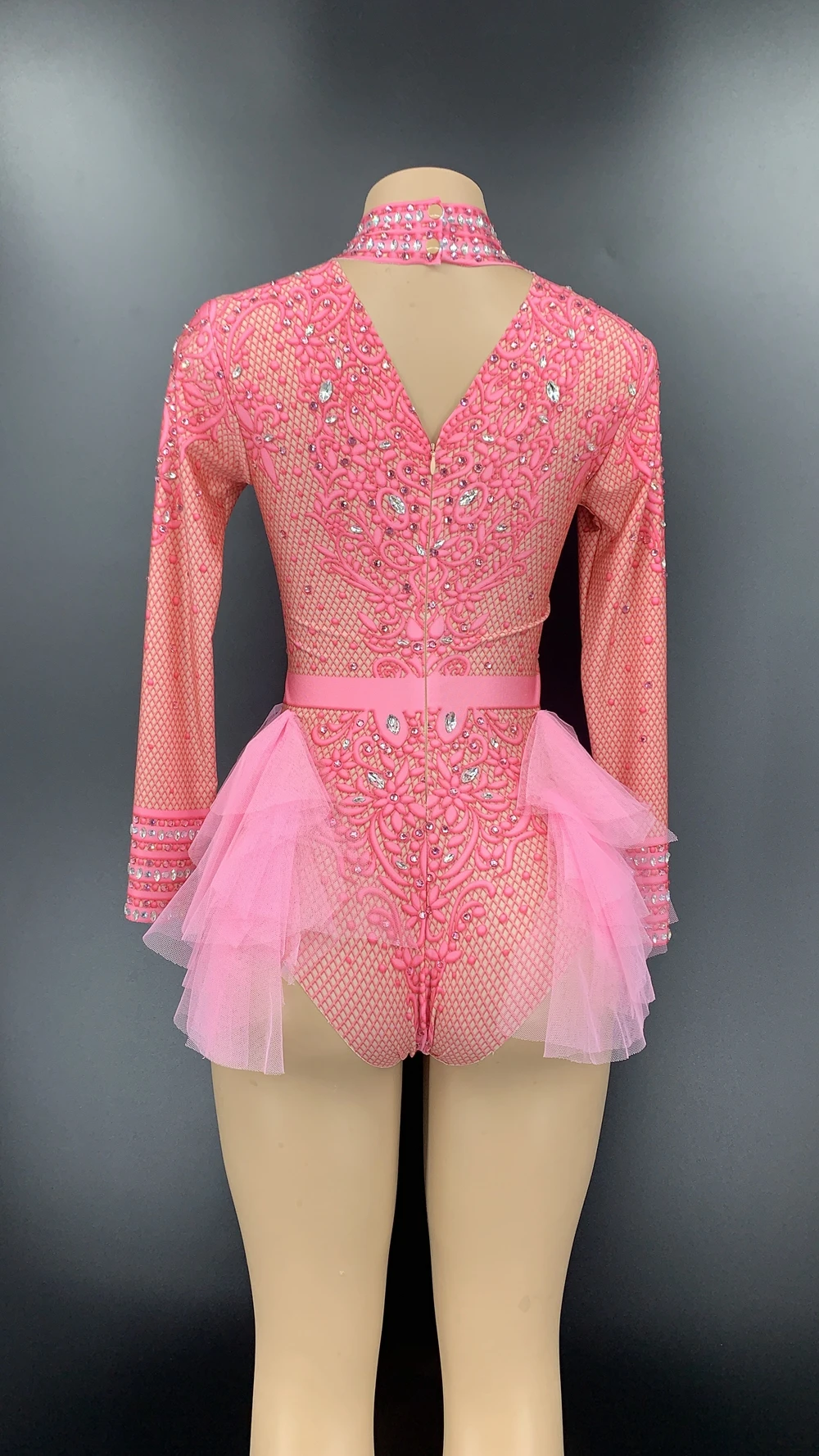 Sparkly Rhinestones Pink Lace Bodysuit Women Long Sleeve Birthday Party Outfit Dance Costume Sexy Show Performance Stage Wear