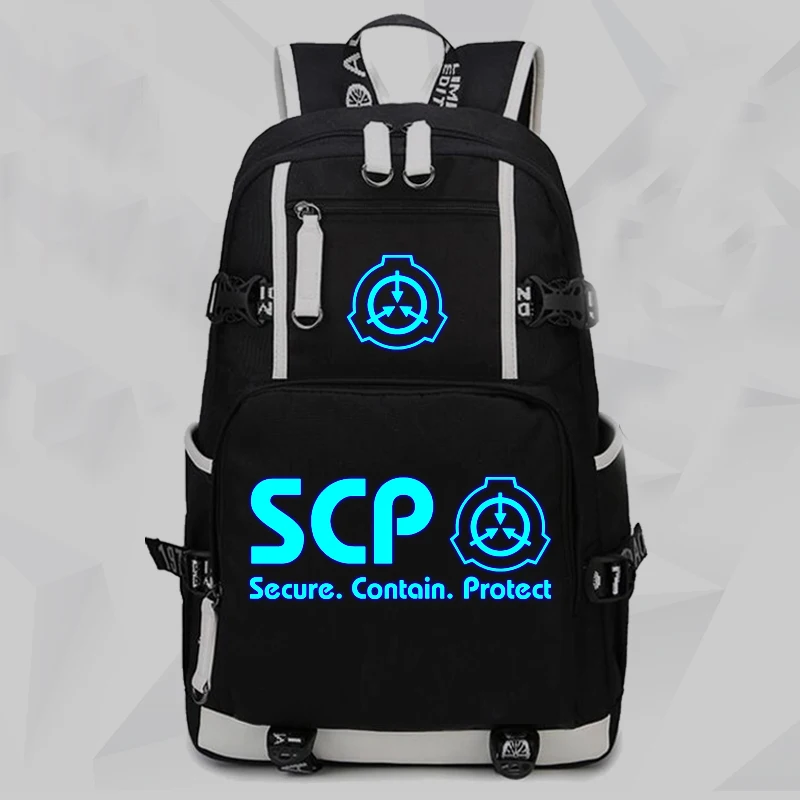 SCP Secure Contain Protect Backpack Black Bookbag Cartoon School Bags SCP  luminous Travel Bagpack USB Laptop Shoulder Bags