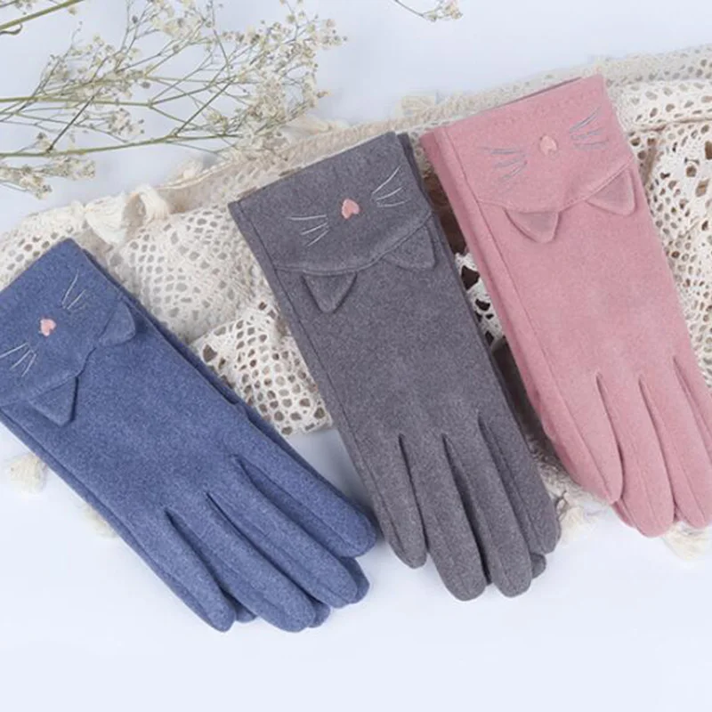 Female Autumn Cute Rabbit Cat Embroidery Gloves Cashmere Elastic Driving Gloves Women Rabbit Fur Thin Cycling Warm Gloves D50