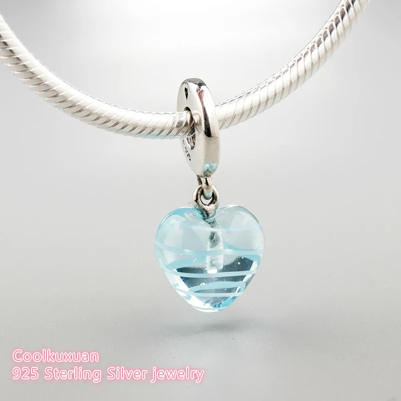 

Spring 925 Sterling Silver Blue Ribbon Heart Dangle Charm, Murano Glass Charm Beads Fit Original Pandora Charms Bracelet