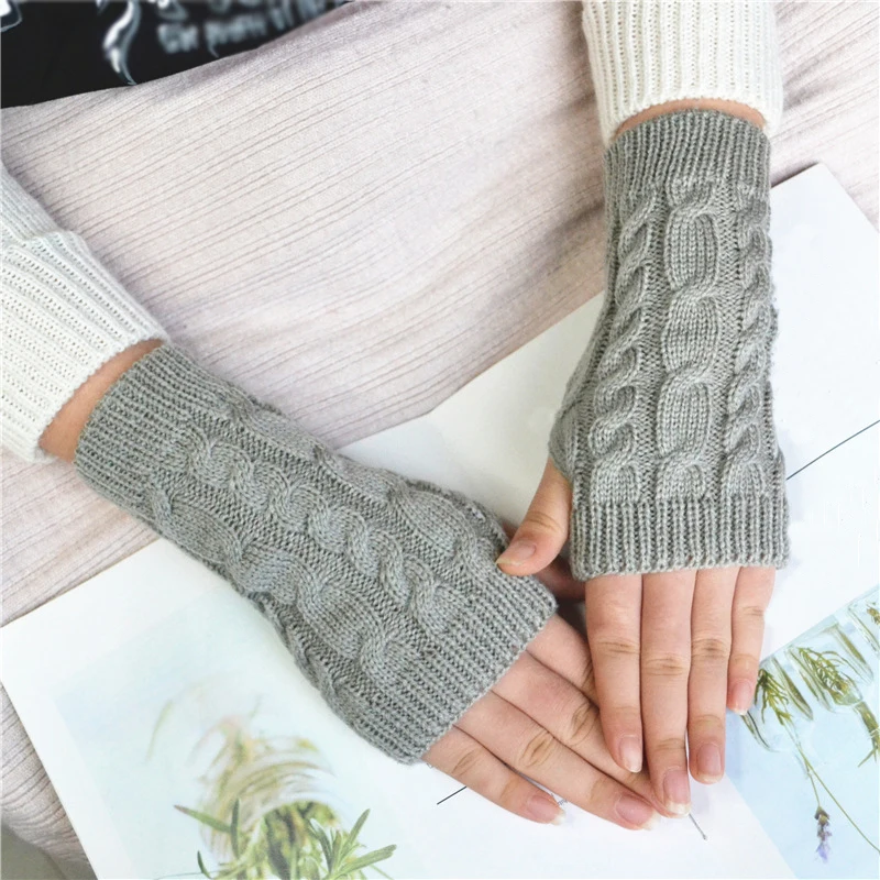 Fashion Hot Warm Knitted Gloves Women Winter Casual Fingerless Gloves For Outdoor Weave Short Arm Sleeve Solid Color Soft Gloves