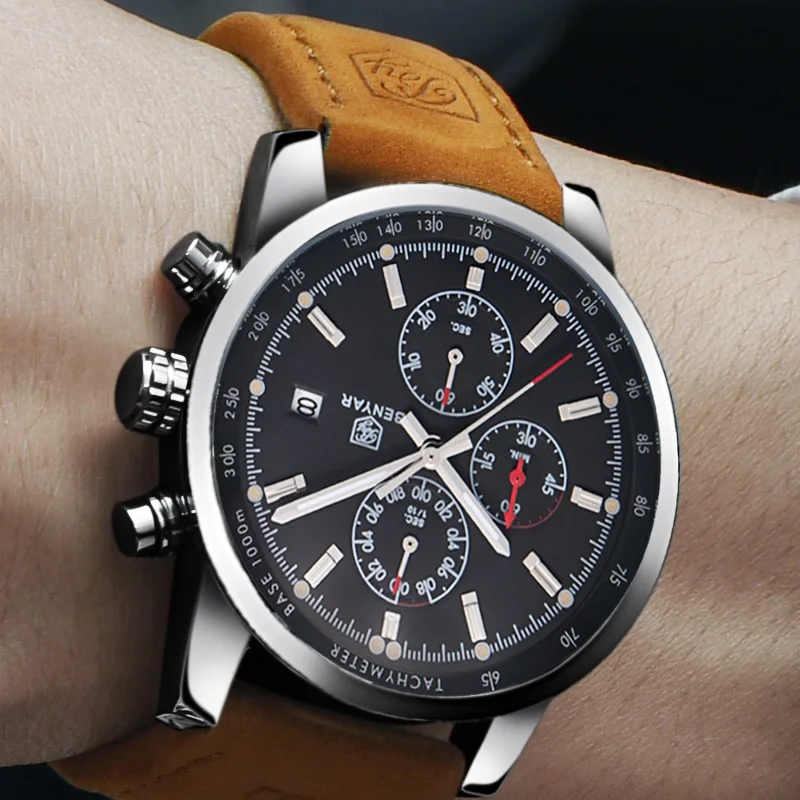 

Benyar Mens WristWatch Luxury Brand Quartz Casual Sport Leather Waterproof Watch Chronograph Military Clock Relogio Masculino
