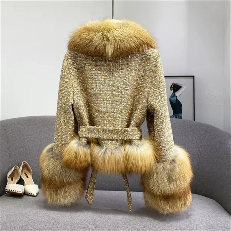 Female Winter ThickCotton Thin Short Woolen Jacket Women New Slim Imported Whole Skin Red Fox Fur Collar Imitation Fur Coat A863