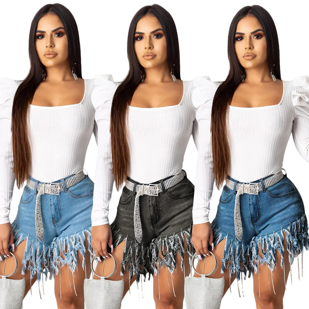 

Summer European and American Sexy Diamond-Studded Fringe Brushed Denim Shorts Women's Casual Straight-Leg Hot Pants