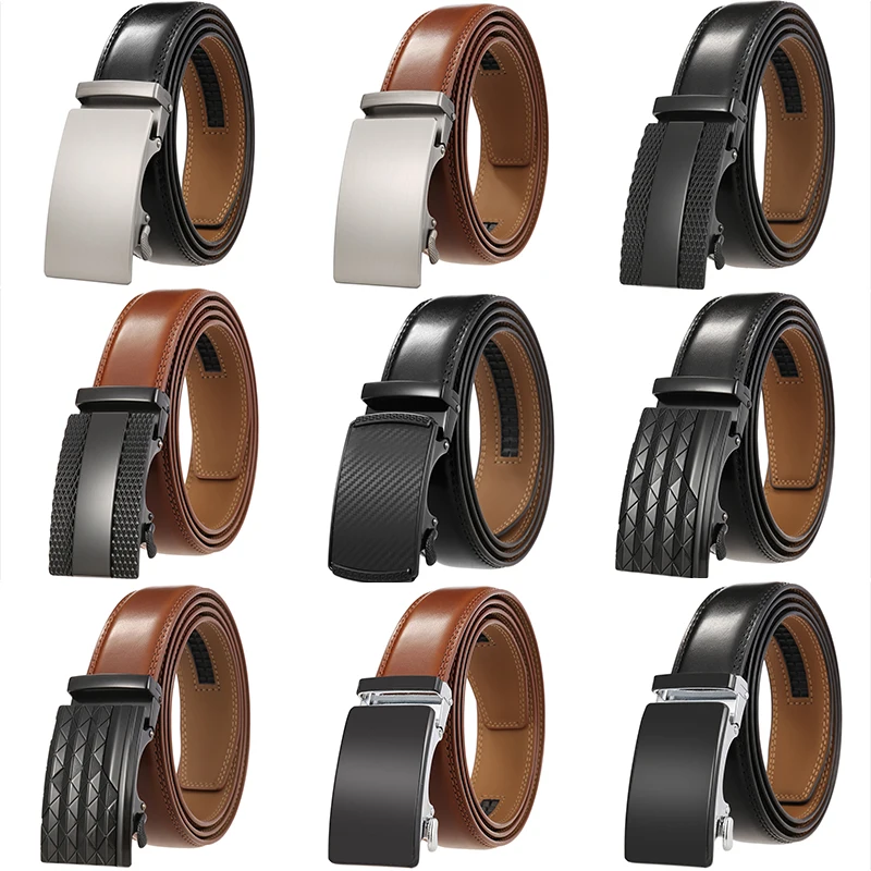 

3.5cm Width HIgh Quality Second Layer Cow Leather Belt For Men Business Metal Automatic Buckle Ratchet Black Brown