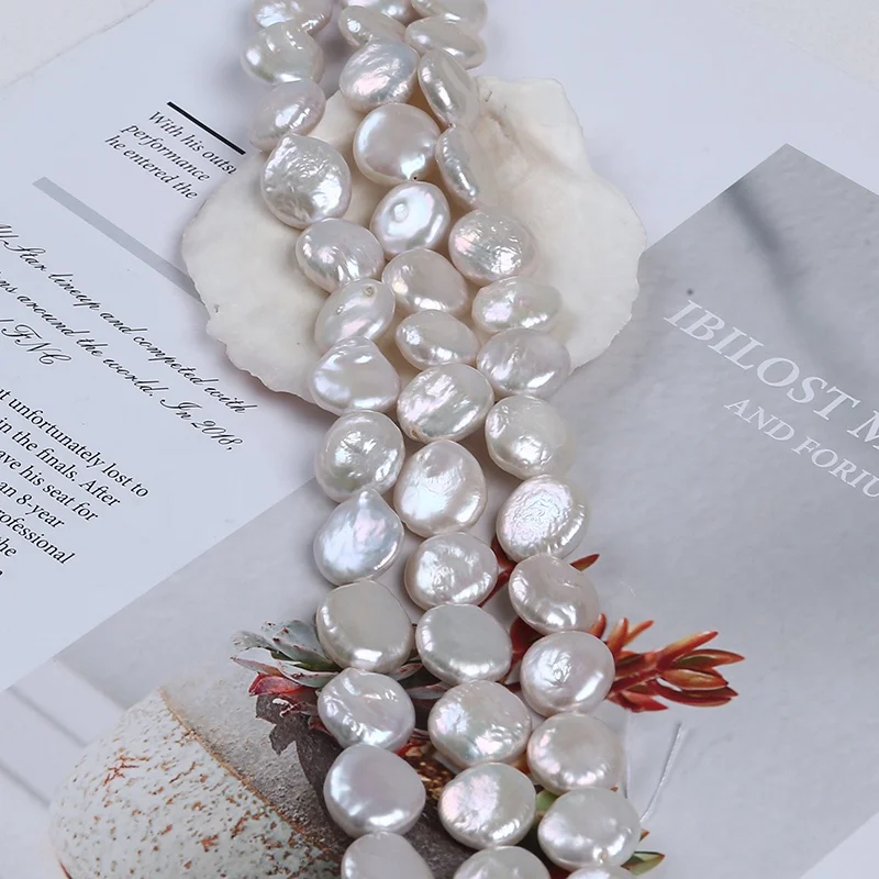 13-14mm natural white color coin loose freshwater pearls strand for jewellery making supplies