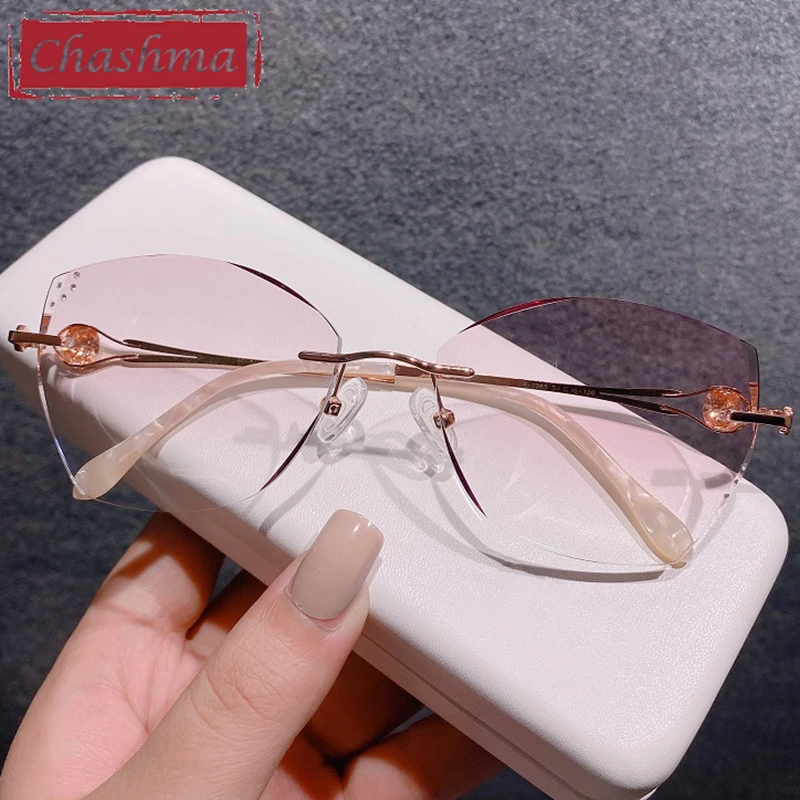 

Chashma Rimless Light Frame Diamond Stones Trend Eyeglasses Titanium Flexible Anti Reflective Spectacles for Women