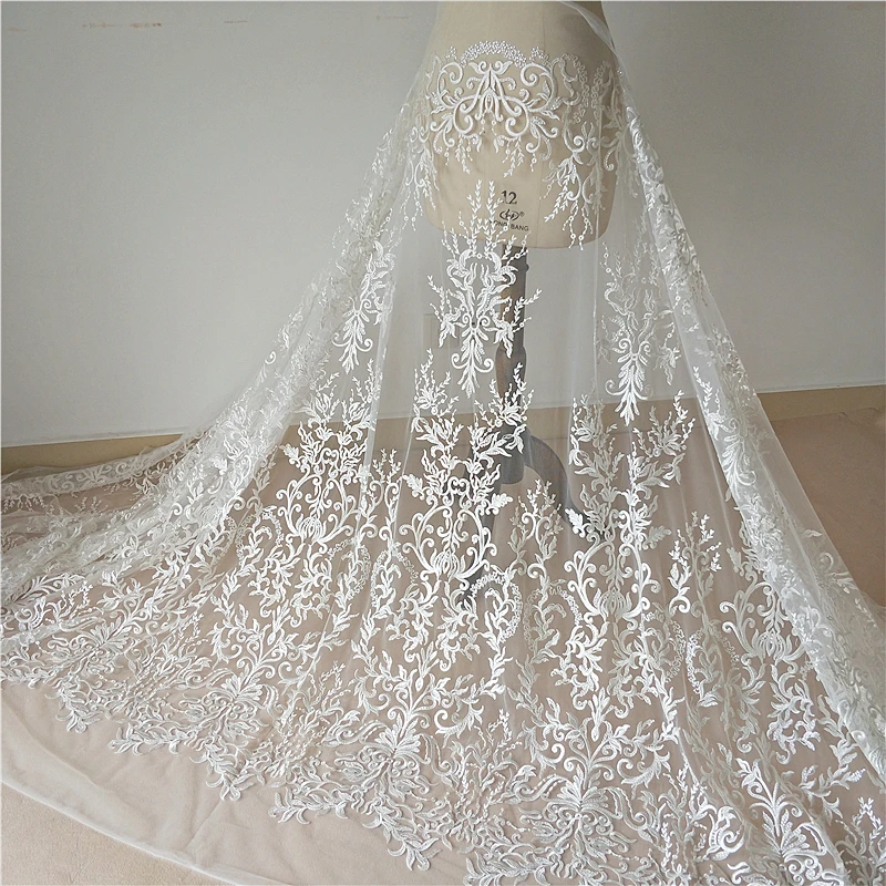 LASUI NEW Milky white high-end new luxury sequin embroidery mesh lace fabric Good-looking DIY  wedding veil fabric X0841