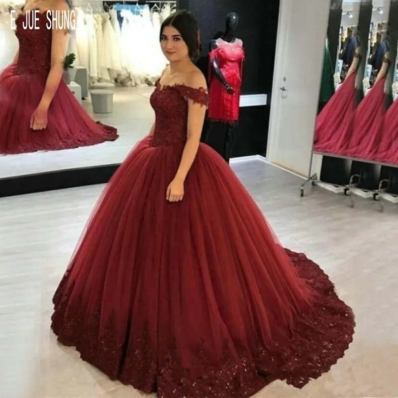 

E JUE SHUNG Dubai Wedding Dresses Off Shoulder Elegant Burgundy Bridal Gowns Lace Appliques Beaded Ball Gown vestido de noiva