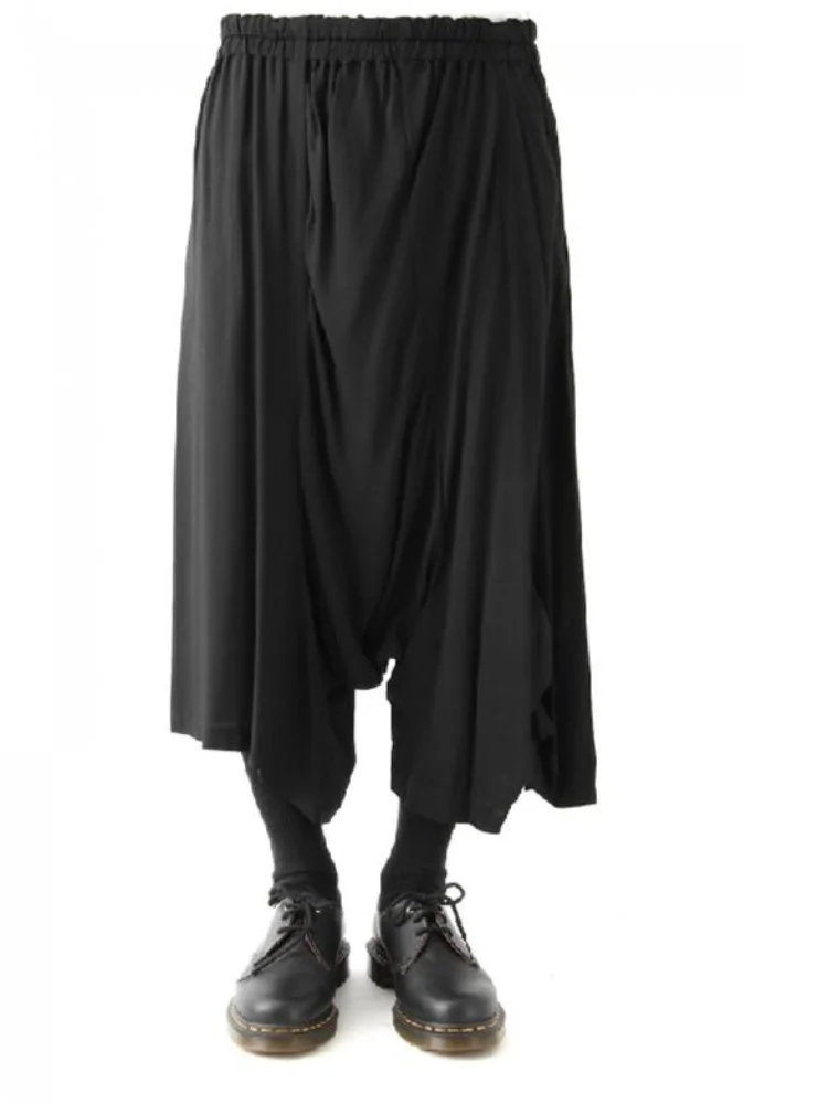 Spring And Summer New Men's Irregular Drape Pleated Skirt Low-Grade Harlan Trousers Wrinkle Pure Color Loose Nine Cent Skirt
