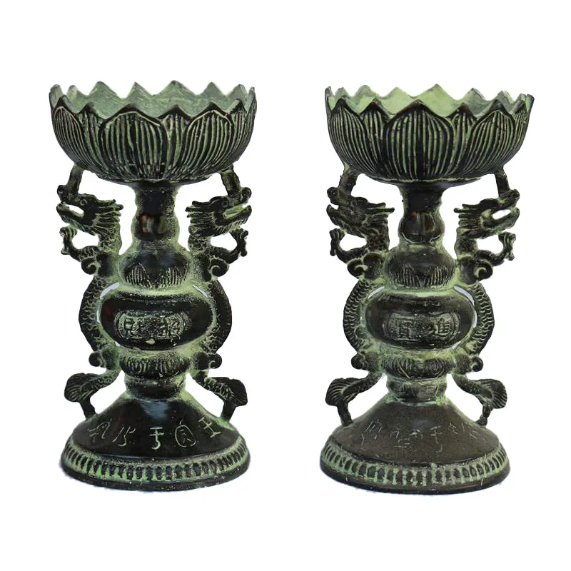 

Antique bronzes ware antique decorations lotus lamps double dragon candlesticks pair handicrafts bronze rust reflux inscription