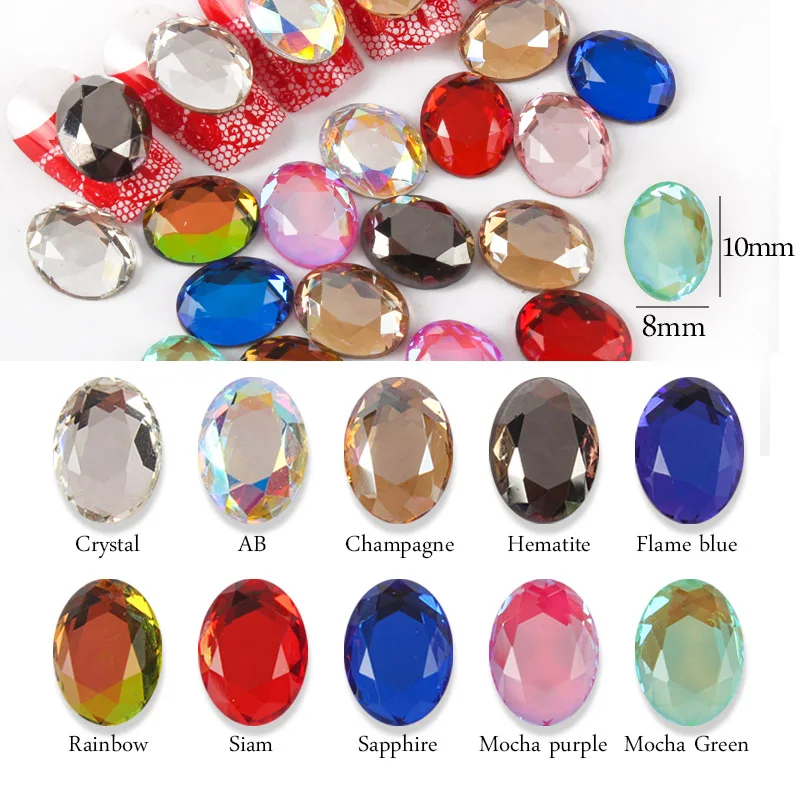 New Charm Oval Nail Rhinestone Oval Flat Crystal Shiny 8x10mm Glass Rhinestone Nail Art Decoration Jewelry