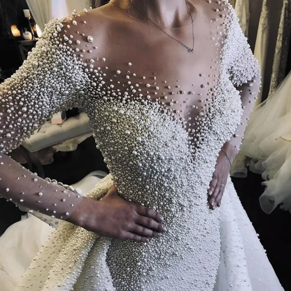 luxury wedding dresses 2020 detachable skirt peals beaded long sleeve elegant wedding gown vestido de noiva