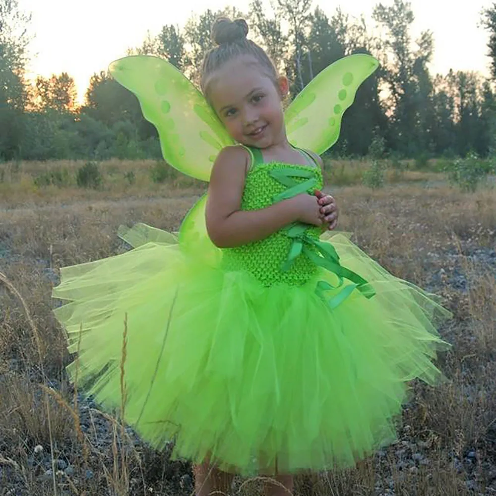 Girls Green Butterfly Fairy Tutu Dress Kids Crochet Tulle Dress with Ribbon and Wing Set Children Birthday Party Costume Dresses