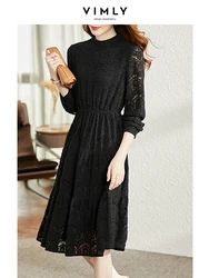 VIMLY Fashion temperament lace dress Women 2021 autumn and winter Long Sleeve brushed black Long Dresses Female Vestido V0186