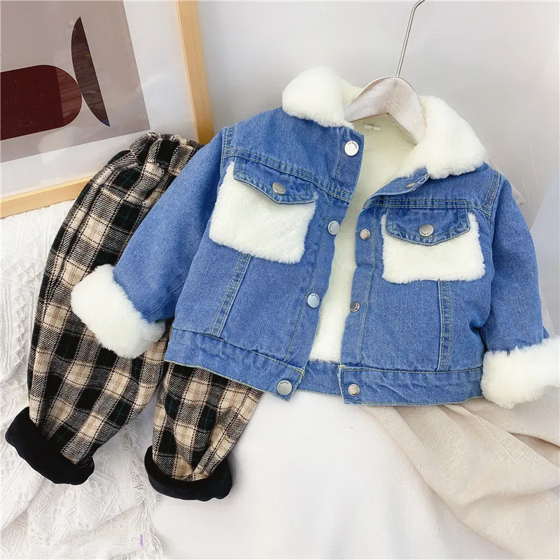 2-6 Years OId Thick Warm Kids Boys Girls Denim Coat Velvet Fur Jackets Outerwear 2024 New Autumn Winter Children Overcoat