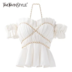 TWOTWINSTYLE Casual Ruched Shirt For Women Slash Neck Puff Short Sleeve Patchwork Chain Slim Blouses Female Summer Fashion Style