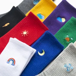 Spring And Summer Fashion Embroidery Weather Forecast Pattern Funny  Lightning Rainbow Rain Moon Popular Street Skateboard Socks