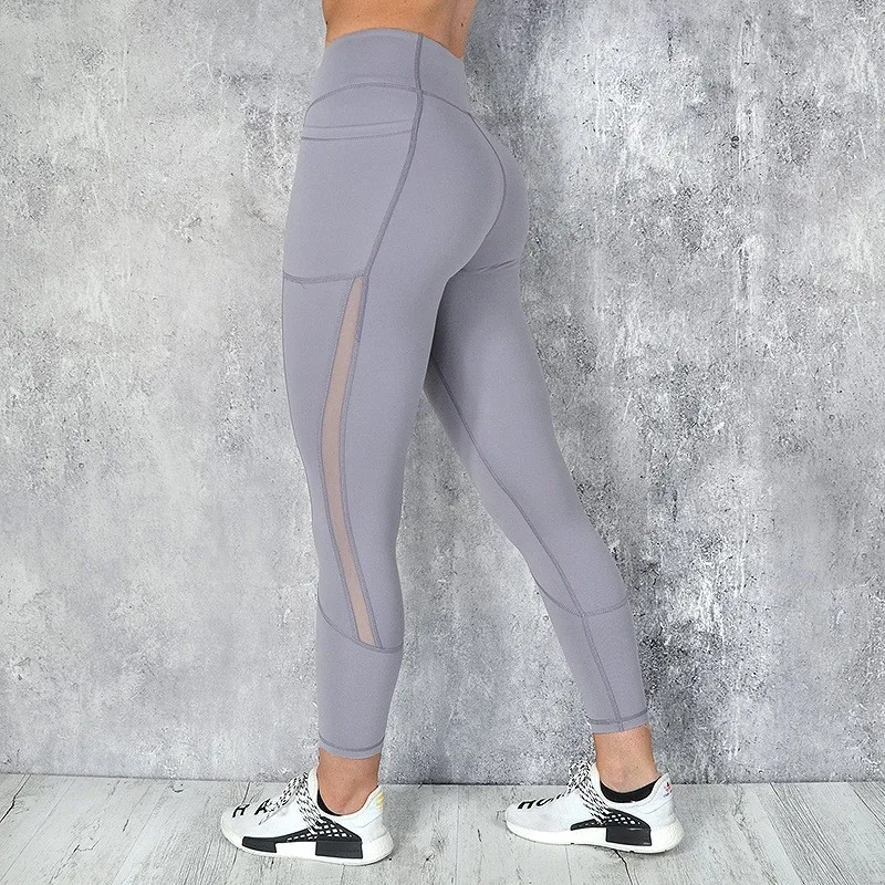 Fashion Women Side Pocket Design Net Gauze Splice Running Yoga Pants GYM High Waist Stretchy Fitness Leggings