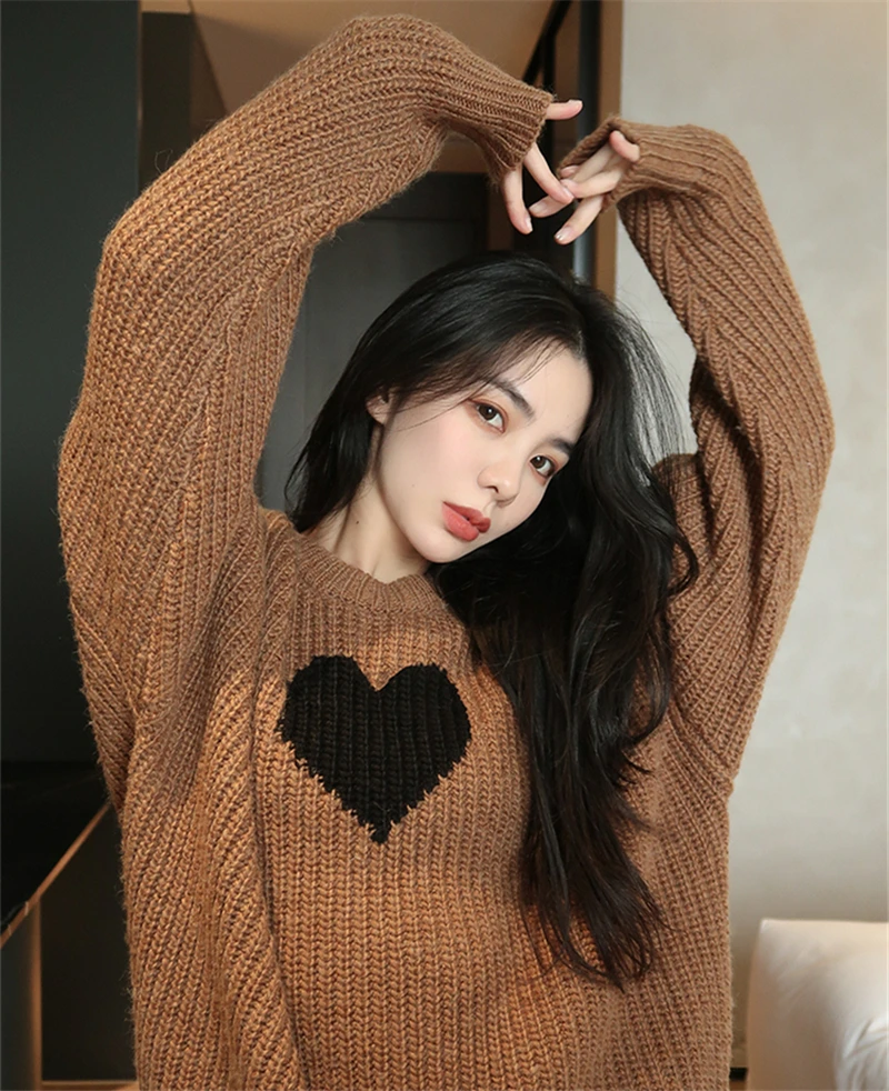 LMQ NEW 2020 Autumn Winter Women  Long Sleeve Lovely Heart Pattern Sweaters Loose Pullovers Oversized Tops Knitted Jumper