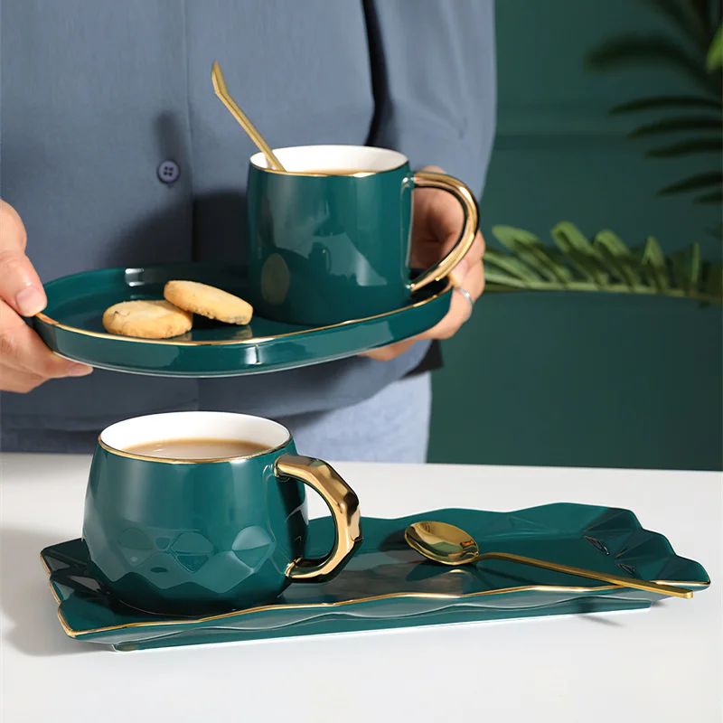 Ceramic Cup Dish Set Nordic Green Water Ware Coffee Cup Rectangular Tray Small Spoon Gift Box Home Bar Decoration Tea Cup