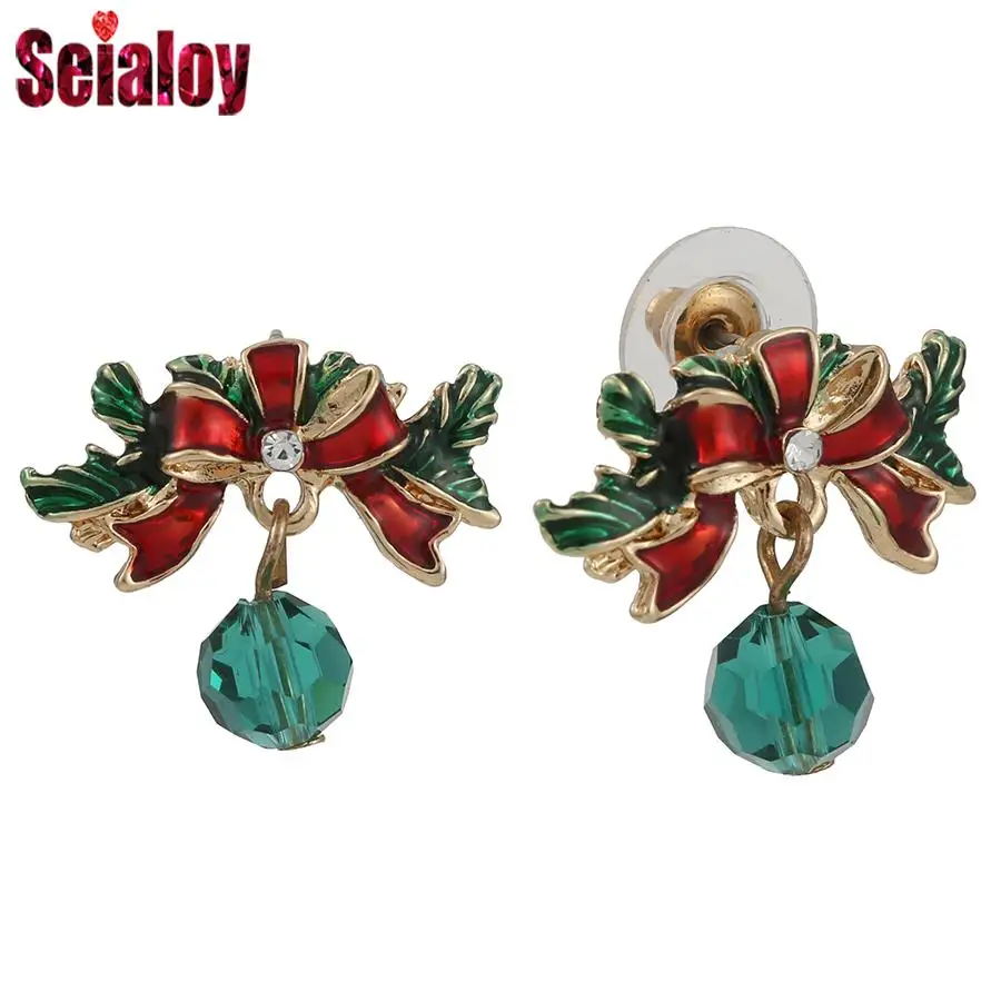 Seialoy Christmas Pine Branches Bow Stud Earrings For Women Girl Original Green Crystal Charm Stud Earrings Girlfriend Gift