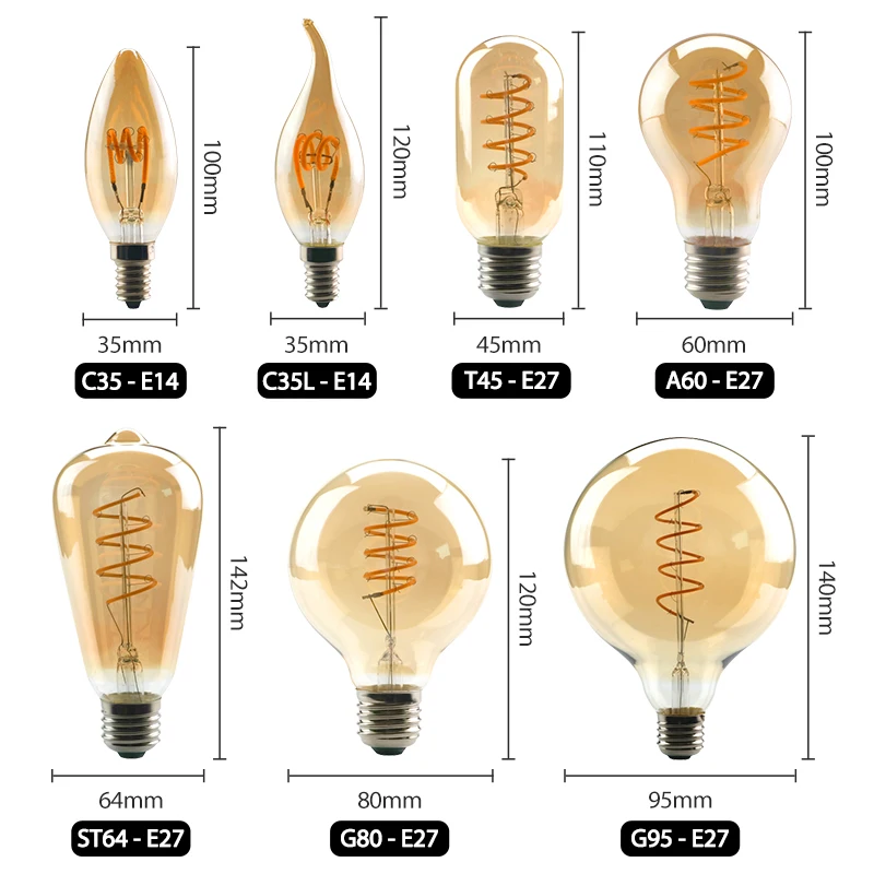 Dimmable Retro LED Edison Bulb E27 E14 4W Filament Light C35 A60 T45 ST64 G80 G95 2200K Warm Yellow 220V intage Spiral Lamp