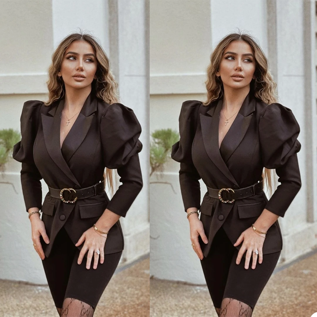 

Summer Lantern Sleeve Women Suits Custom Made Peaked Lapel Pocket Blazer Elegant Fashion Strretwear Office Lady Daily Jacket