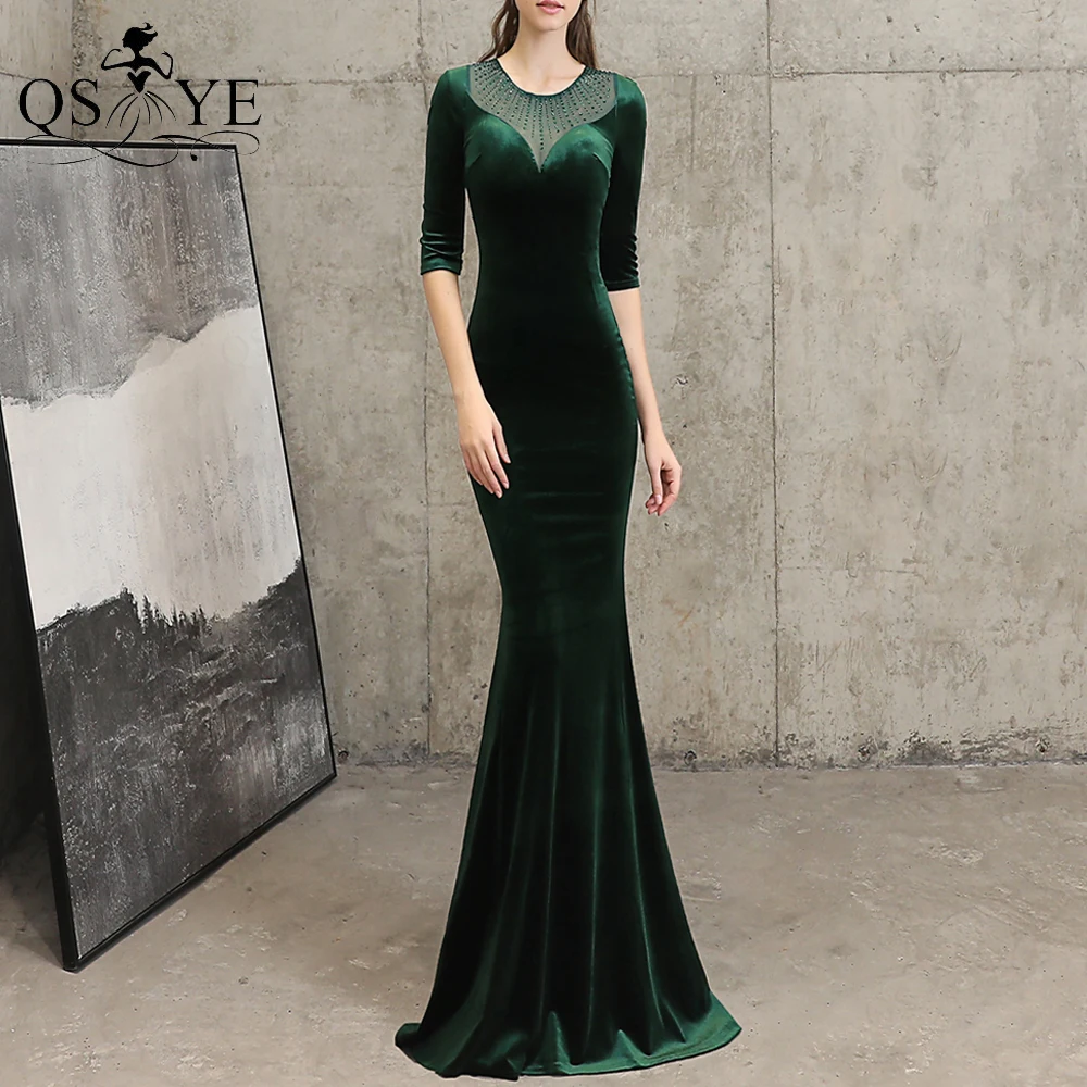 Emerald Velvet Evening Dresses Mermaid Sequin Neck Evening Gown Elegant Long Sleeves Party Dress Hot Drill Fit Green Formal Gown