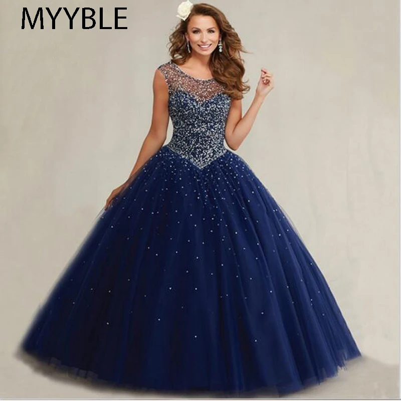 Customized  Plus Size Masquerade Ball Gowns Puffy Sweet 16 Navy Blue Quinceanera Dresses Pearls Sparkly Luxury Crystals Backless