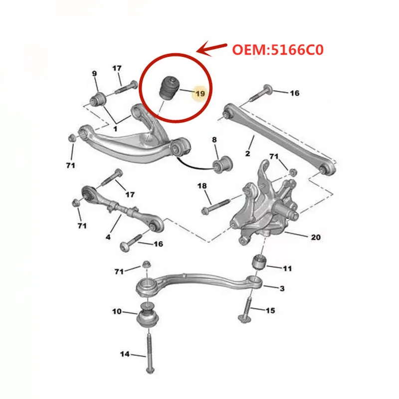 5166C0 5166C6 for Peugeot 508 Citroen C5 rear axle buffer block, rear axle elastic buffer pad, rear axle bushing