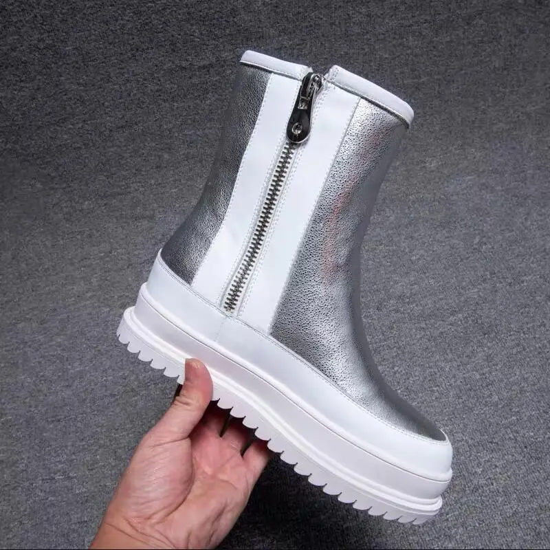 Snow Boots New Women\'s Winter Shoes Thick Sole Plaforms Ankle Botas Round Toe Thick Plush Warm Cotton Shoe Side Zip Silver Black