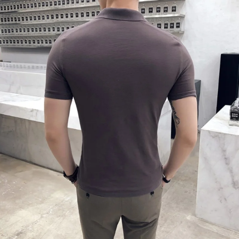 

V-Neck Cotton Short Sleeve T-shirt Men Solid Thin Slim Fit Breathable Micro-Elasticity Male Pullover Tops Summer Korean Style