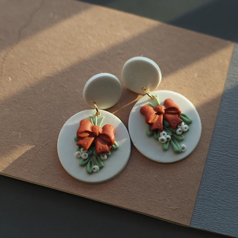 Fall Winter Holiday Christmas Handmade Bow Shape Ribbon Bell Polymer Clay Festive Earrings Dangle Sets Jewelry Gifts Party Wear - Image 5