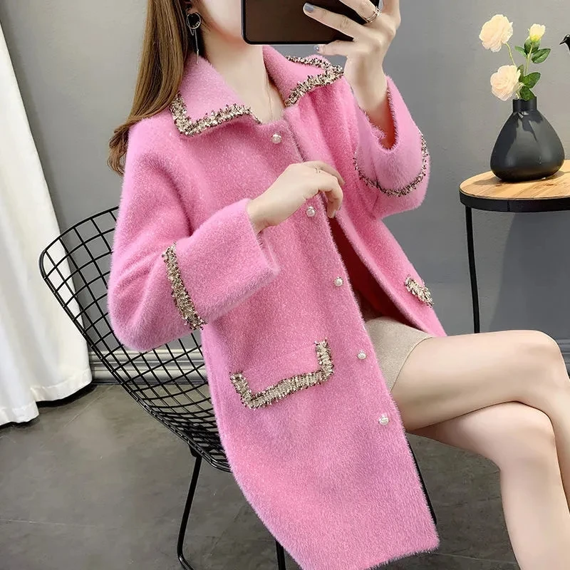 

Small Fragrance Style Mink Velvet Mid-Length Coat New Women Cardigan Thickened Autumn Winter Woolen Jacket Ladies A114