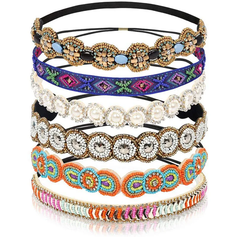 Elastyczne koraliki z kryształu górskiego damskie ręcznie opaski Vintage Crystal akcesoria biżuteria do włosów dla kobiet kolorowe Outdoor Headwrap — zdjęcie 2