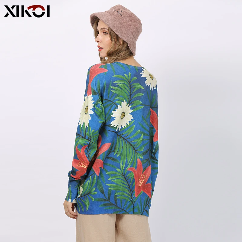 XIKOI Women Casual Printed Sweaters Pullovers Winter Trendy O-Neck Loose Knitted Clothing Casual Femme Pullovers Plus Size Pull