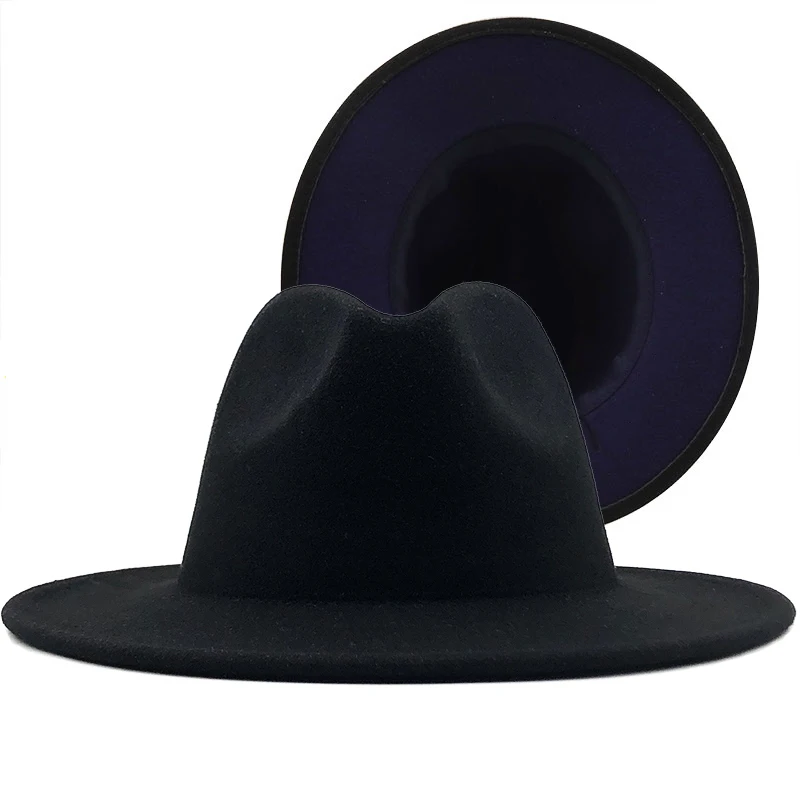 

Hot Outer black Inner Navy blue Wool Felt Jazz Fedora Hats with Thin Belt Buckle Men Women Wide Brim Panama Trilby Cap 56-58CM